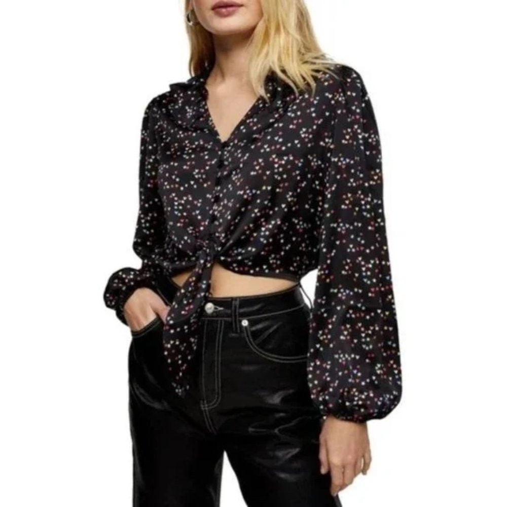 Topshop Star And Heart Print Tie Front Cropped Blouse- US sz 10, worn once